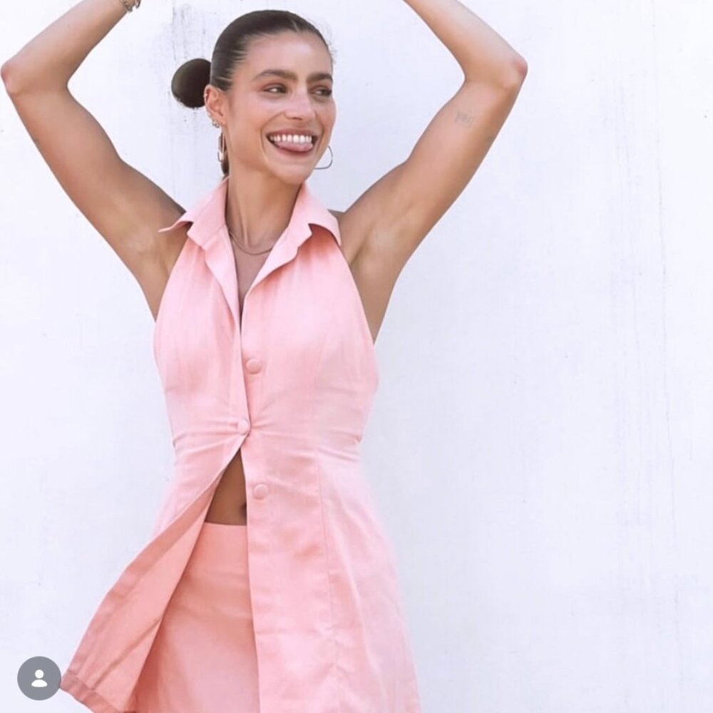100% Linen Pastel Pink Halter Top + Mini Skirt Set
